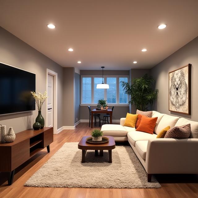 A finished basement with a family room and bright lighting after renovation.