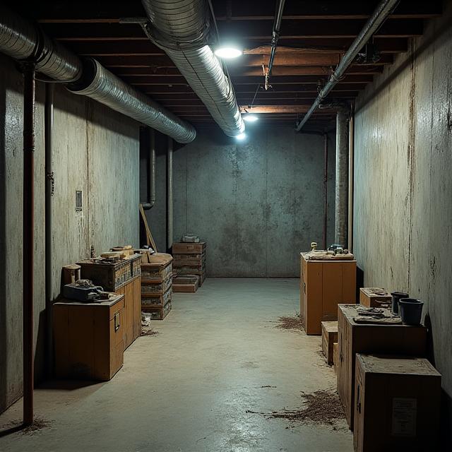 An unfinished, dark basement before renovation.