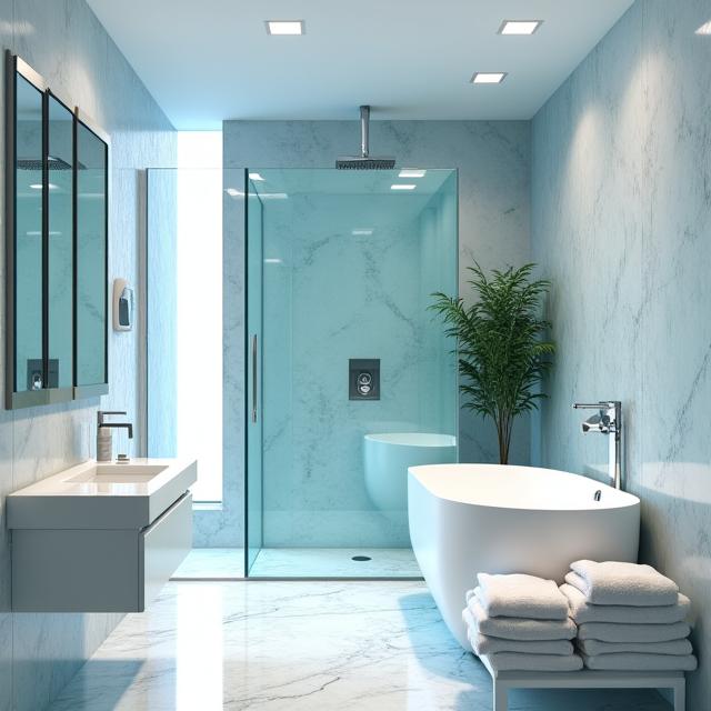 A clean, stylish bathroom with new fixtures and a glass shower after renovation.