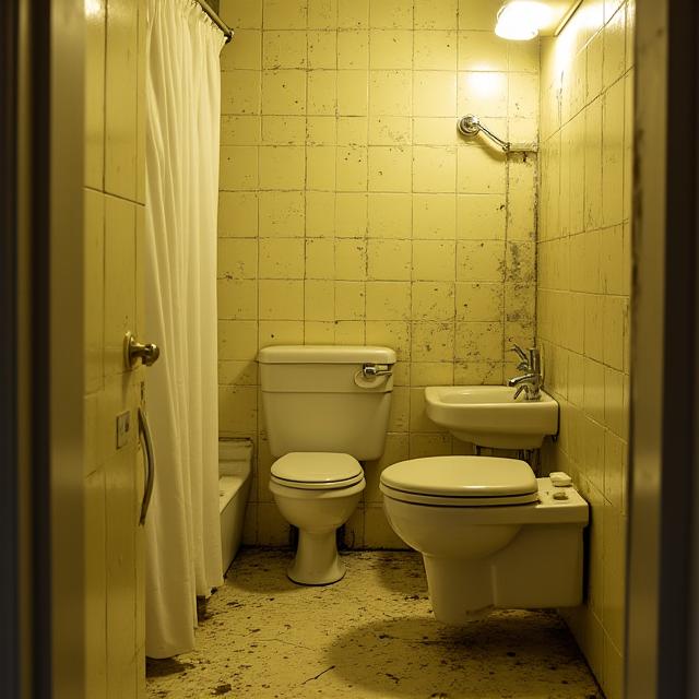 An old bathroom with cracked tiles before renovation.
