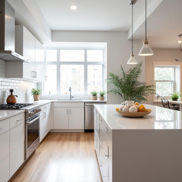 A modern, bright kitchen with new countertops and cabinets after renovation.